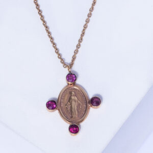 18K YELLOW GOLD VIRGIN MARY NECKLACE WITH PINK SAPPHIRE