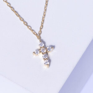 18K YELLOW GOLD CROSS NECKLACE WITH WHITE DIAMOND