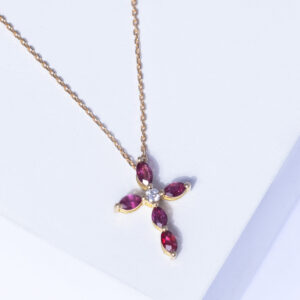 18K YELLOW GOLD CROSS NECKLACE WITH WHITE DIAMOND AND SEMI-PRECIOUS STONE