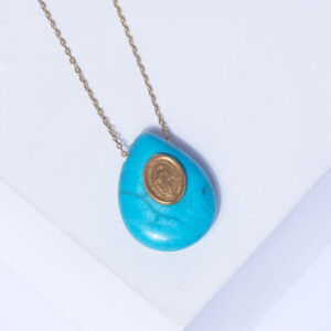 18K YELLOW GOLD VIRGIN MARY NECKLACE WITH TURQUOISE STONE