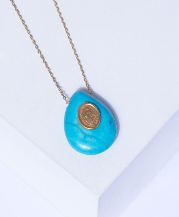 18K YELLOW GOLD VIRGIN MARY NECKLACE WITH TURQUOISE STONE