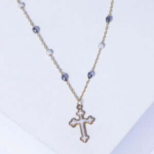 18K YELLOW GOLD CROSS NECKLACE WITH HEMATITE STONE