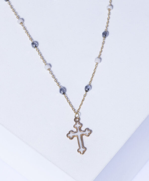 18K YELLOW GOLD CROSS NECKLACE WITH HEMATITE STONE