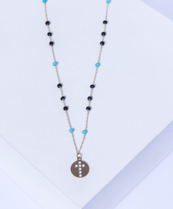 18K YELLOW GOLD CROSS NECKLACE WITH SEMI-PERCIOUS STONE