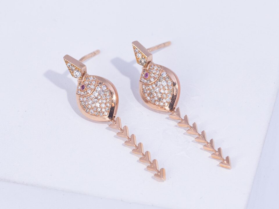 18K PINK GOLD EARRINGS WITH WHITE DIAMOND AND PEARL