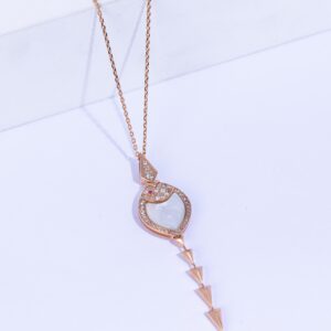 18K PINK GOLD FISH NECKLACE WITH WHITE DIAMOND AND PEARL
