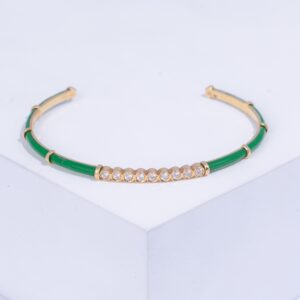 18K YELLOW GOLD BRACELET WITH WHITE DIAMOND AND GREEN ENAMEL