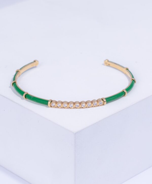 18K YELLOW GOLD BRACELET WITH WHITE DIAMOND AND GREEN ENAMEL