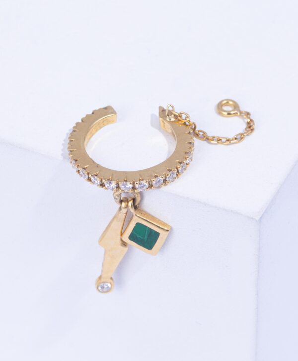 18K YELLOW GOLD  EARCUFF WITH WHITE  DIAMOND AND MALACHITE STONE