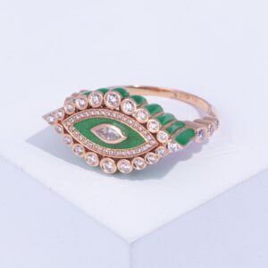 18K PINK GOLD EYE RING WITH WHITE DIAMOND AND GREEN ENAMEL