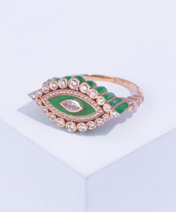 18K PINK GOLD EYE RING WITH WHITE DIAMOND AND GREEN ENAMEL