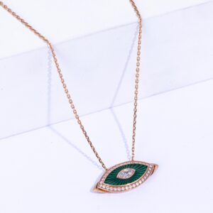 18K PINK GOLD EYE NECKLACE WITH WHITE DIAMOND AND GREEN ENAMEL