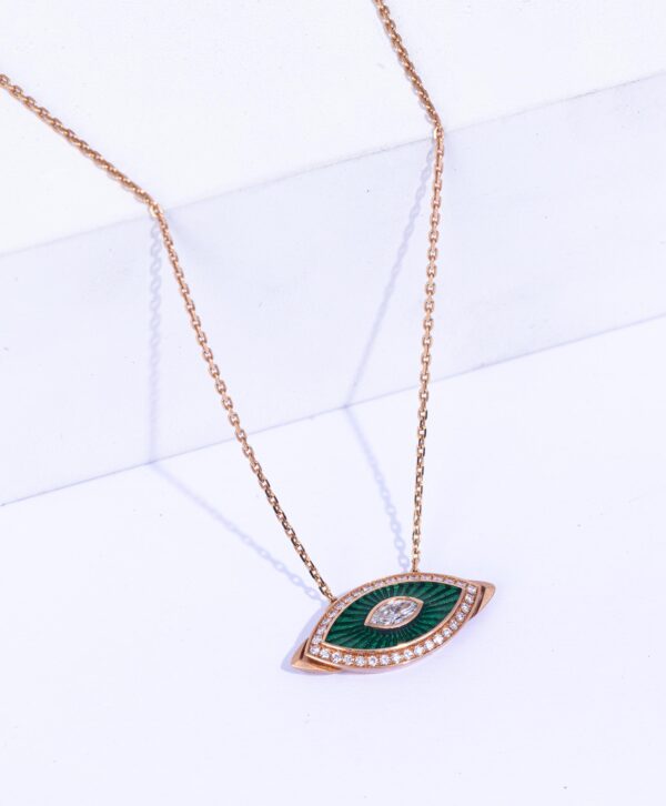 18K PINK GOLD EYE NECKLACE WITH WHITE DIAMOND AND GREEN ENAMEL