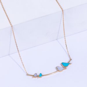 18K YELLOW GOLD BIRDS NECKLACE WITH TURQUOISE, MOTHER OF PEARL