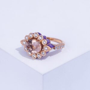 18K PINK GOLD RING WITH WHITE DIAMOND AND PURPLE ENAMEL