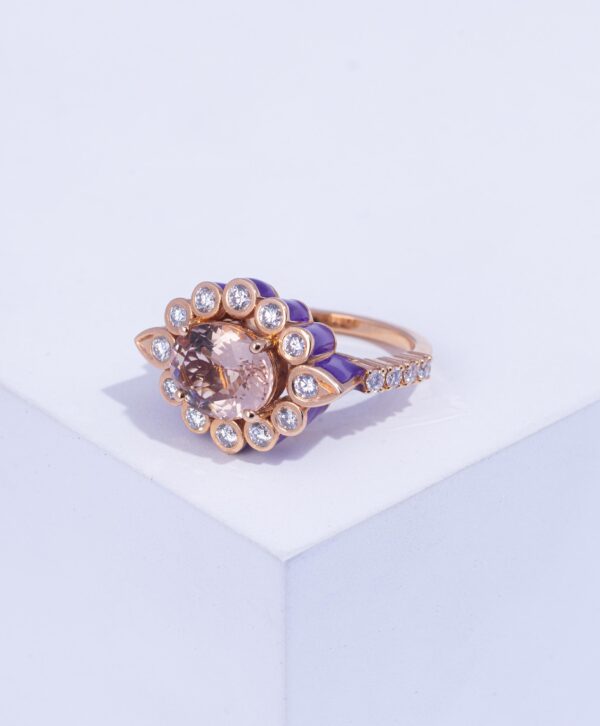 18K PINK GOLD RING WITH WHITE DIAMOND AND PURPLE ENAMEL