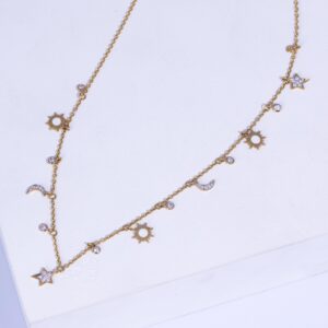 18K YELLOW GOLD SUN AND MOON NECKLACE WITH WHITE DIAMOND AND WHITE ENAMEL