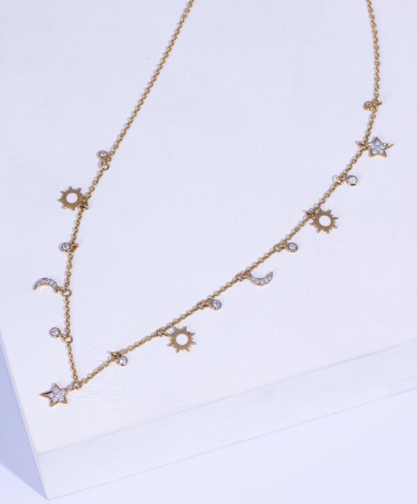 18K YELLOW GOLD SUN AND MOON NECKLACE WITH WHITE DIAMOND AND WHITE ENAMEL