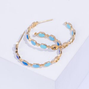 18K YELLOW GOLD EARRINGS WITH WHITE DIAMOND AND BLUE ENAMEL