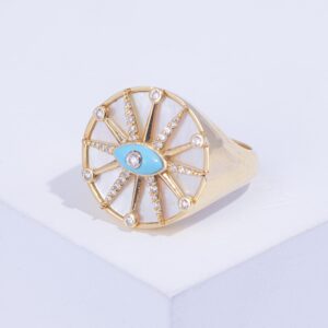 18K YELLOW GOLD RING WITH WHITE DIAMOND AND TURQUOISE, PEARL