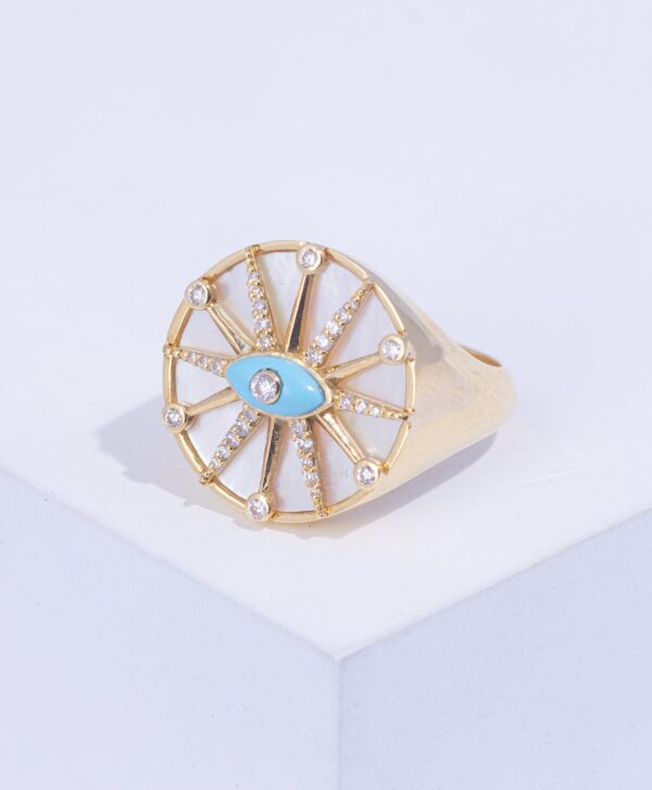 18K YELLOW GOLD RING WITH WHITE DIAMOND AND TURQUOISE, PEARL