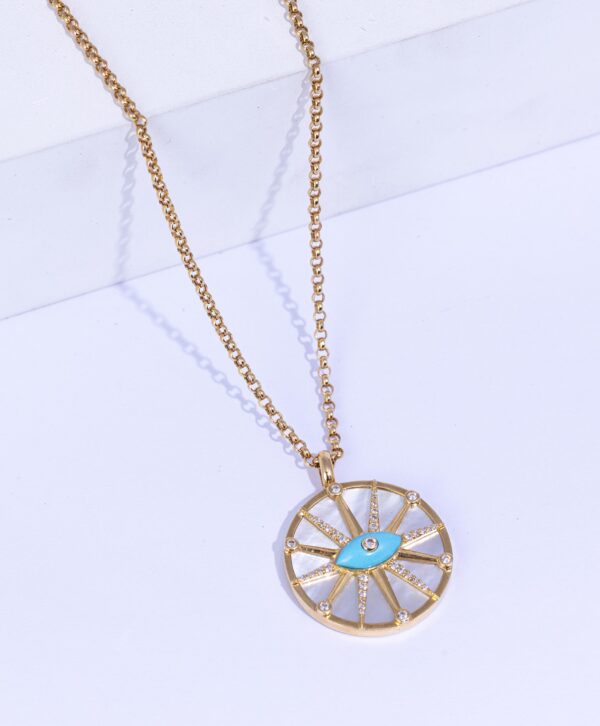 18K YELLOW GOLD EYE NECKLACE WITH WHITE DIAMOND AND MOTHER OF PEARL