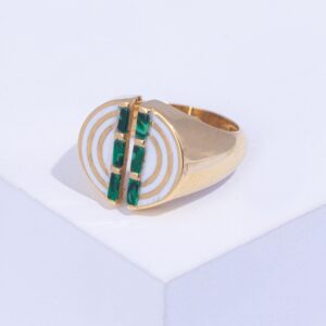 18K YELLOW GOLD PINKY RING WITH MALCHITE STONE AND WHITE ENAMEL