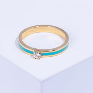 18K YELLOW GOLD RING WITH WHITE DIAMOND AND BLUE ENAMEL