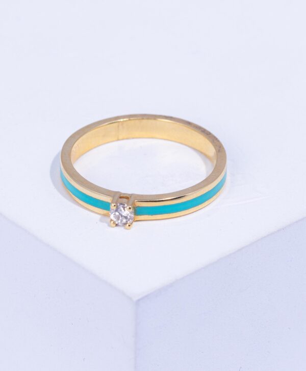 18K YELLOW GOLD RING WITH WHITE DIAMOND AND BLUE ENAMEL