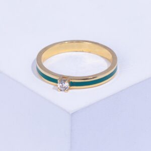 18K YELLOW GOLD RING WITH WHITE DIAMOND AND GREEN ENAMEL