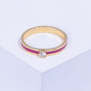 18K YELLOW GOLD RING WITH WHITE DIAMOND AND PURPLE ENAMEL