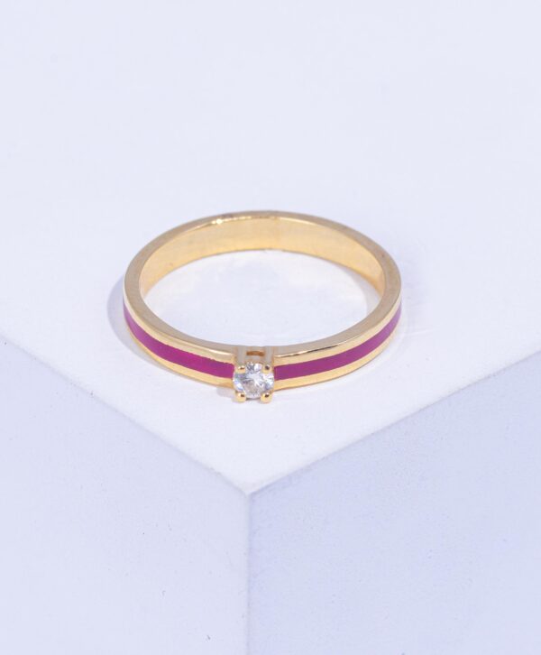 18K YELLOW GOLD RING WITH WHITE DIAMOND AND PURPLE ENAMEL