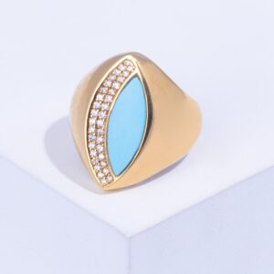 18K YELLOW GOLD PINKY RING WITH WHITE DIAMOND AND TURQUOISE STONE