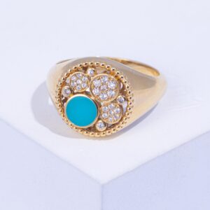 18K YELLOW GOLD PINKY RING WITH WHITE DIAMOND AND TURQUOISE STONE