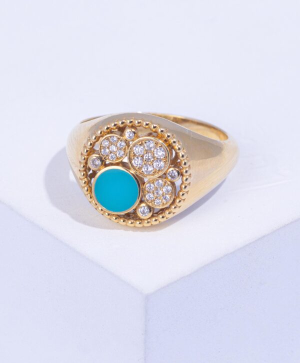 18K YELLOW GOLD PINKY RING WITH WHITE DIAMOND AND TURQUOISE STONE