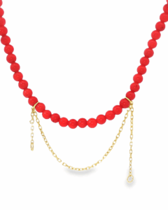 Coral and Yellow Gold Beaded Necklace with Chain Accents