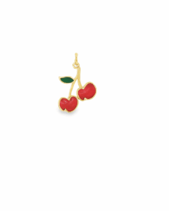 Whimsical Yellow Gold Cherry Pendant with Enamel Details